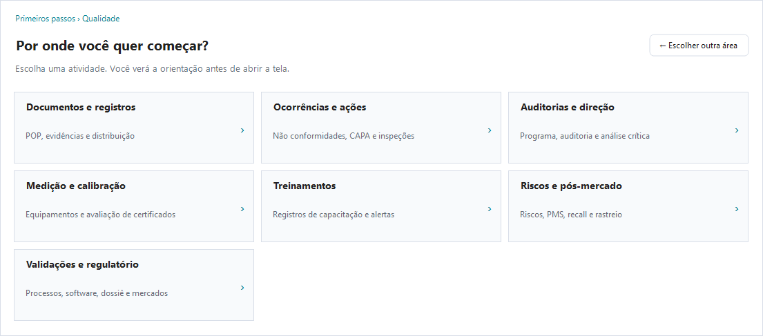 Primeiros passos de Qualidade na tela inicial do Stand PRO.